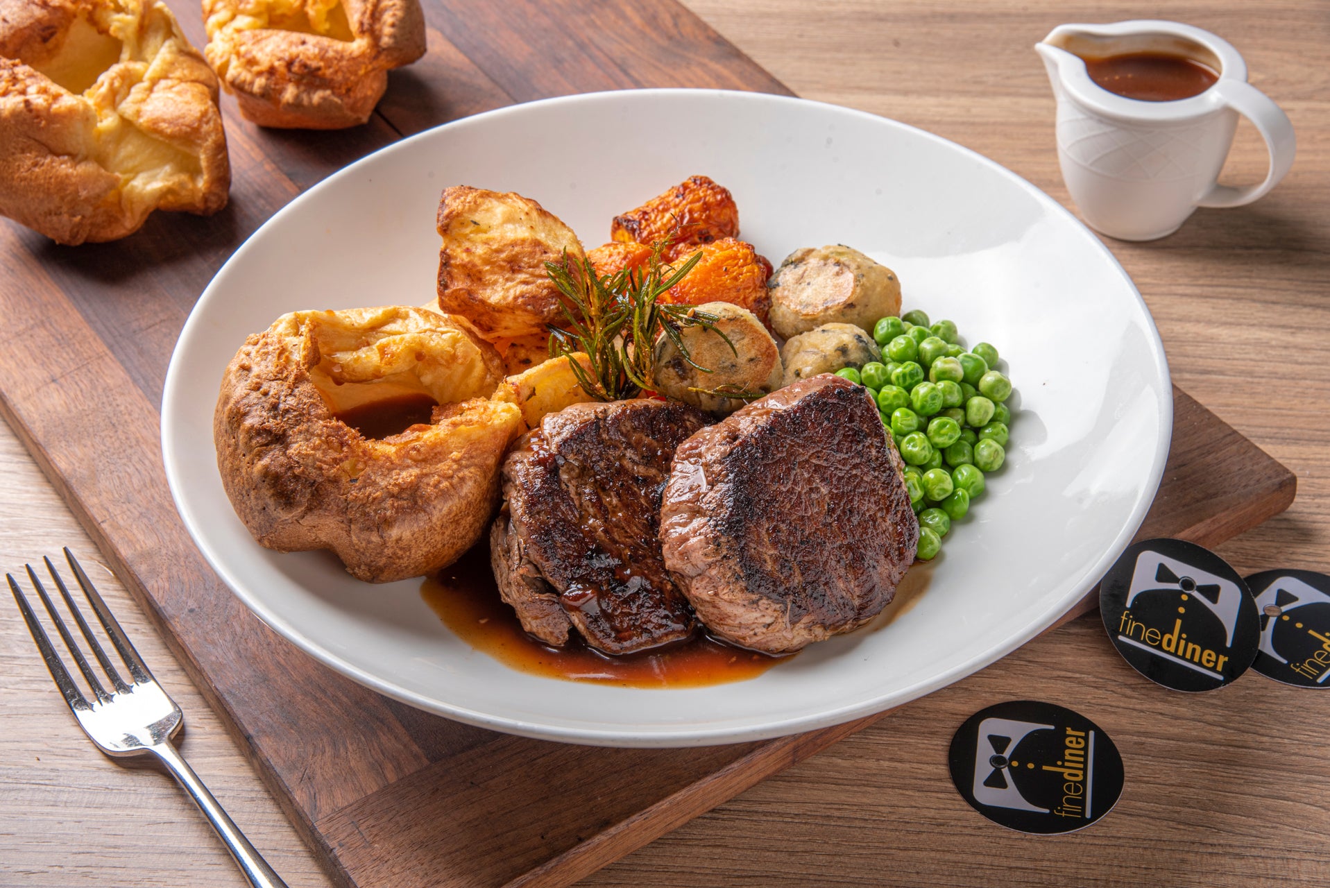 Beef tenderloin roast with Yorkshire pudding, vegetables and gravy
